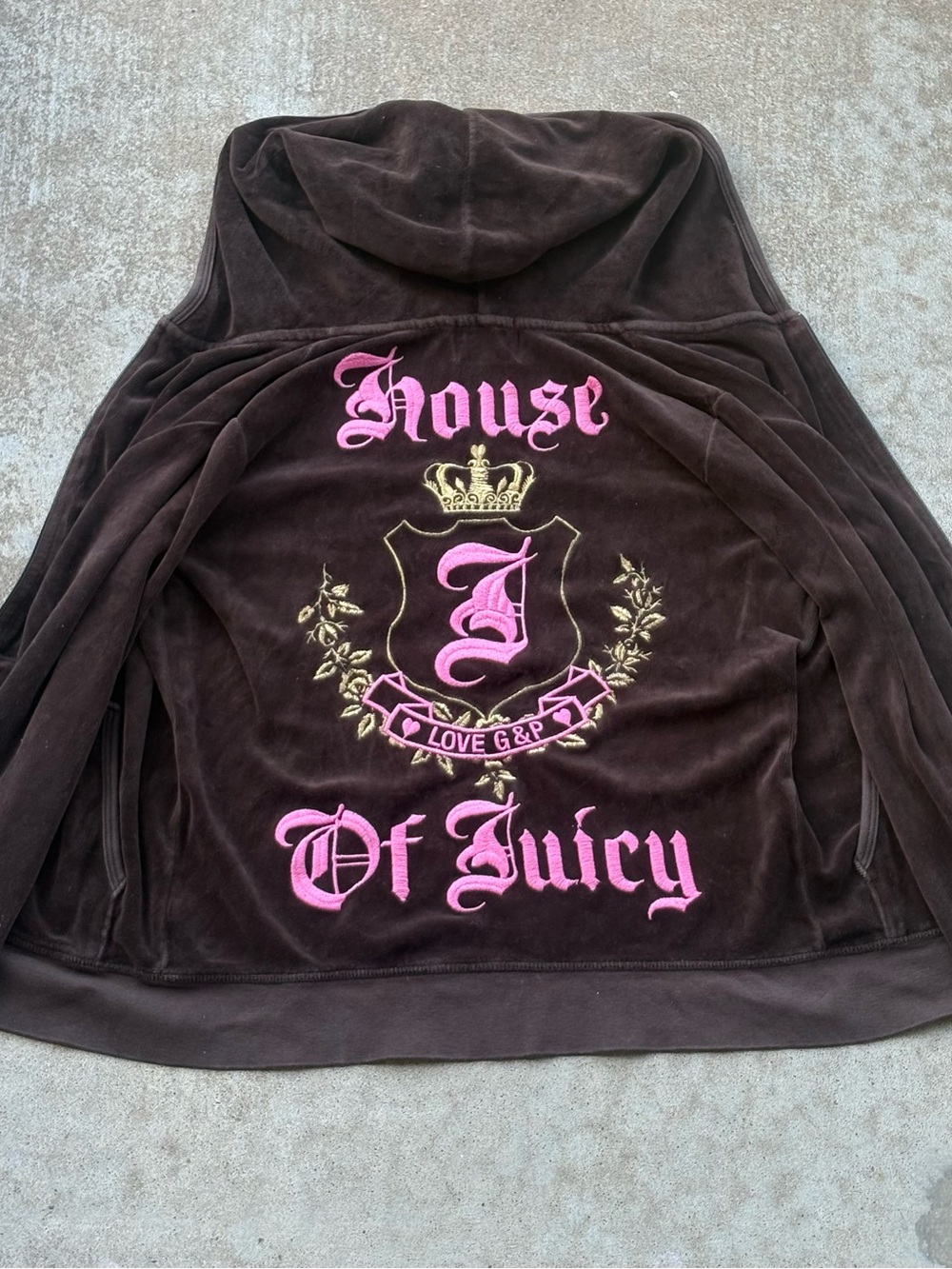 Juicy Couture Brown Velour Hoodie with Pink & Gold Embroidered Crest Vintage Y2K